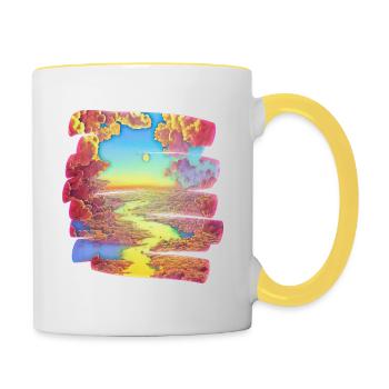 Pinselstrich Traumland mit Fluss | Geschenk - Tasse zweifarbig - Weiß/Gelb - Rechts