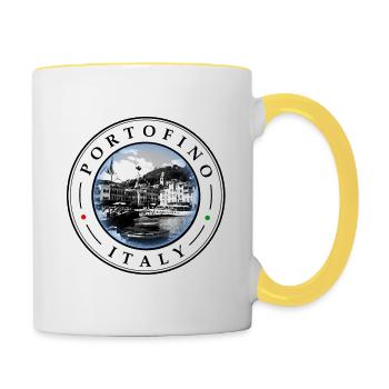 Portofino Italien - kreisförmiges Design-Logo - Tasse zweifarbig - Weiß/Gelb - Rechts