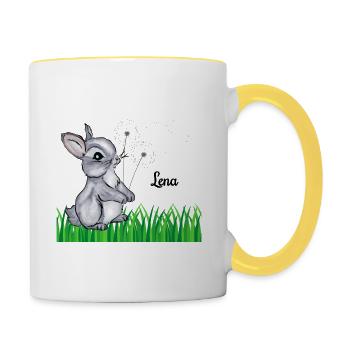 Namenstasse Kinder Hase Name Geschenk Lena - Tasse zweifarbig - Weiß/Gelb - Rechts