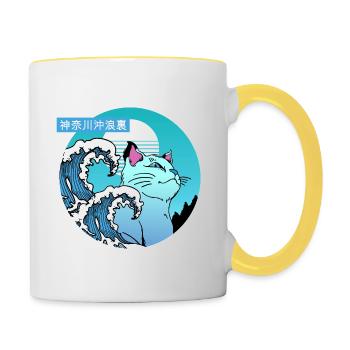 Katze und große Welle - Tasse zweifarbig - Weiß/Gelb - Rechts