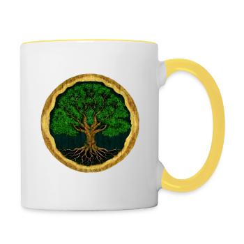 Baum des Lebens - digitale Zeichnung - Holzoptik - Tasse zweifarbig - Weiß/Gelb - Rechts