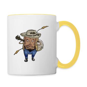 Karikatur-Toastbrotbauer mit Gitarre | launisch - Tasse zweifarbig - Weiß/Gelb - Rechts