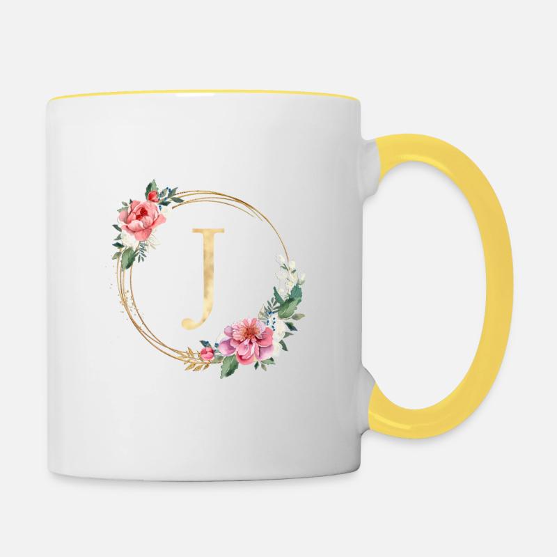 Customizable Monogram J Wreath Pink White - Contrasting Mug - white/yellow