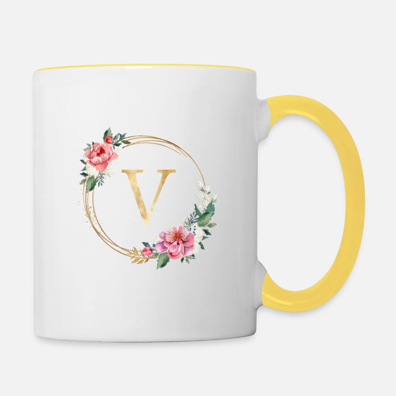 Customizable Monogram V Wreath Pink White - Contrasting Mug - white/yellow