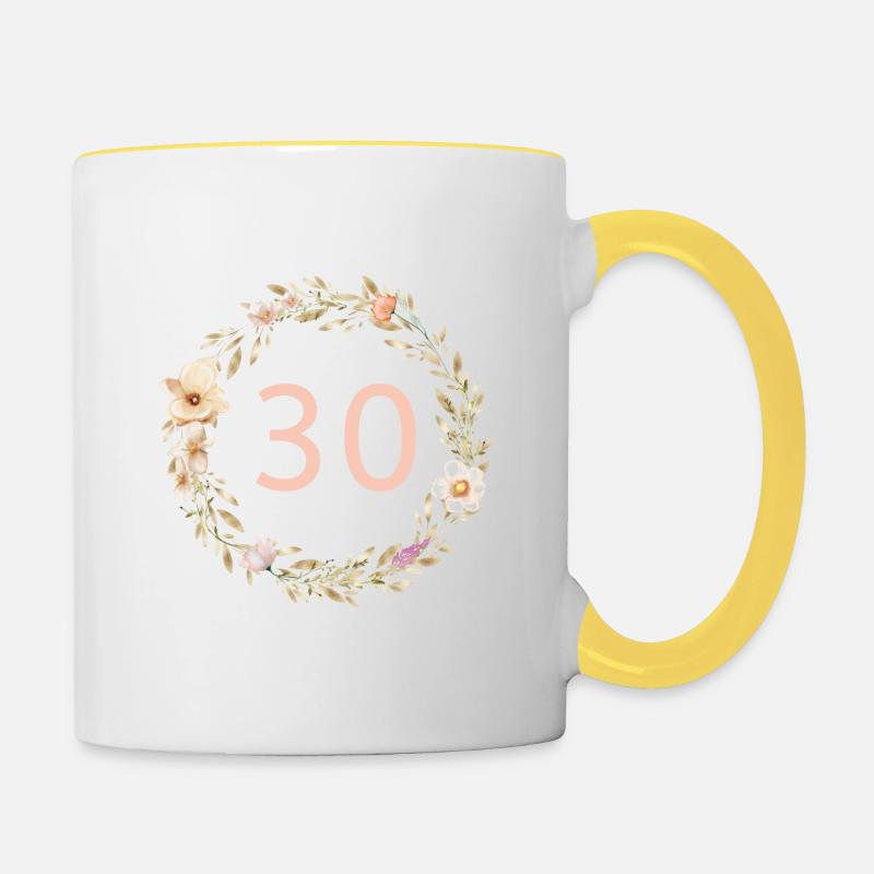 Personnalisable Numéro 30, Couronne Florale, Boho - Mug contrasté - blanc/jaune
