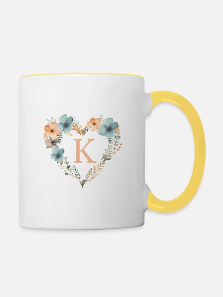 K Monogramm Herz Blumen Kranz - Tasse zweifarbig - Weiß/Gelb