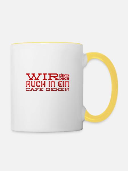 Ab in ein Cafe - Tasse zweifarbig - Weiß/Gelb