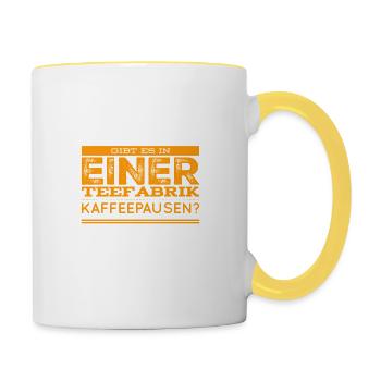 gibt es in der Teefabrik Kaffeepausen? - Tasse zweifarbig - Weiß/Gelb - Rechts