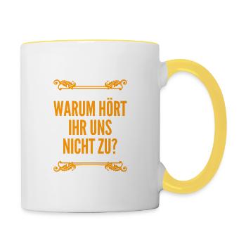 hört uns bitte zu - Tasse zweifarbig - Weiß/Gelb - Rechts