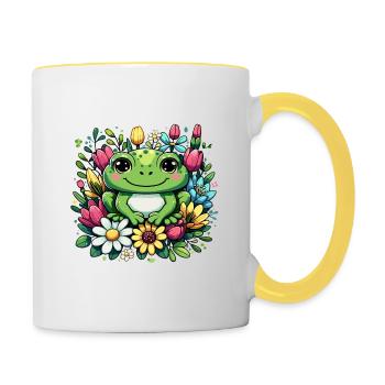 Einzigartiges Frosch-Design im Blumenkranz! - Tasse zweifarbig - Weiß/Gelb - Rechts