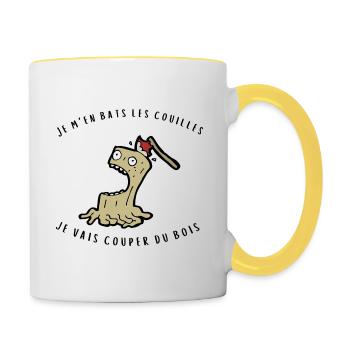 Bats les couilles je vais couper du bois cadeau - Mug contrasté - blanc/jaune - Droite