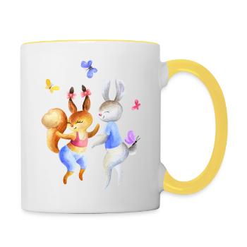 Tanzende Häschen und Schmetterlinge für Kids - Tasse zweifarbig - Weiß/Gelb - Rechts