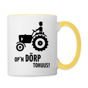 Op’n Dörp tohuus! (Plattdeutsch / Plattdüütsch) - Tasse zweifarbig - Weiß/Gelb - Rechts