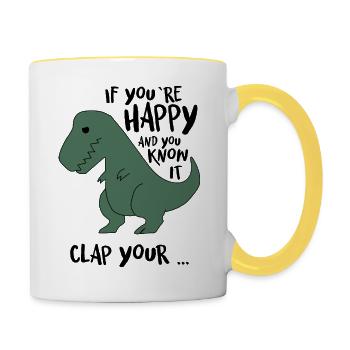 Trex Dino comic lustig witzig Geschenk Mann Frau - Tasse zweifarbig - Weiß/Gelb - Rechts