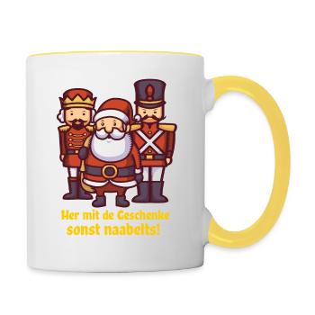 funny santa claus with pals wants gift - Contrasting Mug - white/yellow - Right