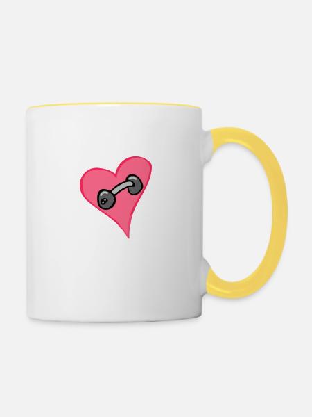 Herz - Lustig - Hantel - Tasse zweifarbig - Weiß/Gelb