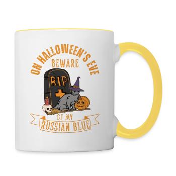 Mignon et effrayant chat d’Halloween bleu russe - Mug contrasté - blanc/jaune - Droite