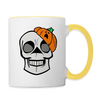 Crâne squelette avec chapeau de citrouille, dessin animé, Halloween - Mug contrasté - blanc/jaune - Droite