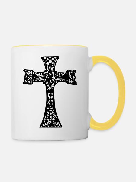 Zentangle Kreuz - Tasse zweifarbig - Weiß/Gelb