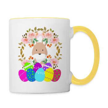 Rabbit with flower crown and colorful eggs - Contrasting Mug - white/yellow - Right