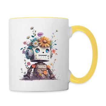 Petit robot avec des fleurs - Mug contrasté - blanc/jaune - Droite