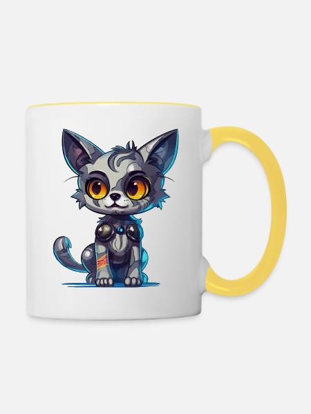 Cyborg-Kätzchen - Tasse zweifarbig - Weiß/Gelb