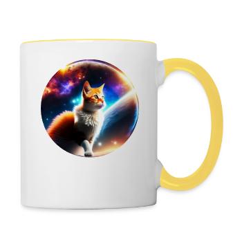 "Cosmic Cat" mystisches Katzendesign - Tasse zweifarbig - Weiß/Gelb - Rechts