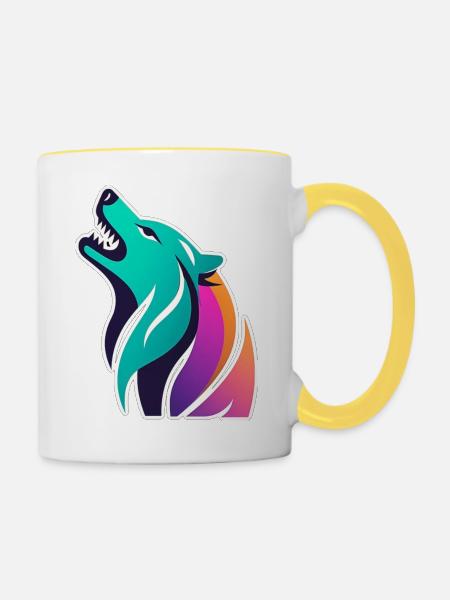 bunter stilisierter Wolf - Tasse zweifarbig - Weiß/Gelb