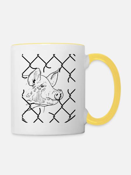 Schwein Befreiung hinter Gitter - Tasse zweifarbig - Weiß/Gelb