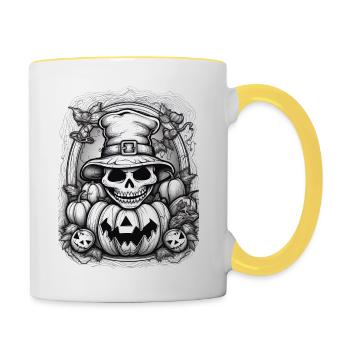 Gruselige Hexe auf weißem Hintergrund - Tasse zweifarbig - Weiß/Gelb - Rechts
