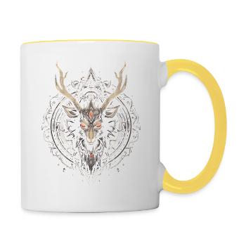 Hirsch Dämon, Schädel, Horror, Halloween - Tasse zweifarbig - Weiß/Gelb - Rechts
