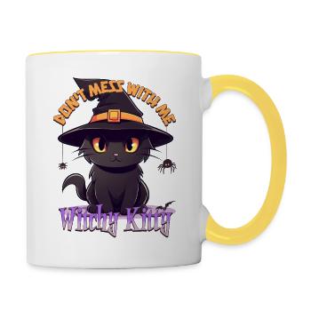 Cute kawaii cat wearing a Witch hat - Contrasting Mug - white/yellow - Right