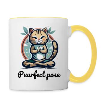 A cat doing lotus position with slogan - Contrasting Mug - white/yellow - Right