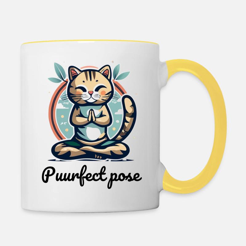 A cat doing lotus position with slogan - Contrasting Mug - white/yellow
