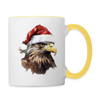 Eagle with a christmas hat bonnet, t shirt, mug - Contrasting Mug - white/yellow - Right