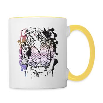 Beautiful female face paint art colorful woman - Contrasting Mug - white/yellow - Right