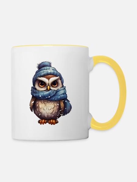Winter süsse Eule - Tasse zweifarbig - Weiß/Gelb