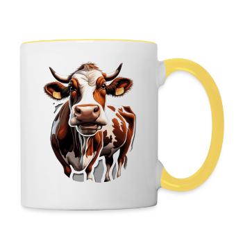 Braune Kuh / Tier / Milch / Bauernhof / Stall - Tasse zweifarbig - Weiß/Gelb - Rechts