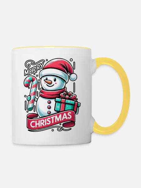 Schneemann Merry Christmas - Tasse zweifarbig - Weiß/Gelb