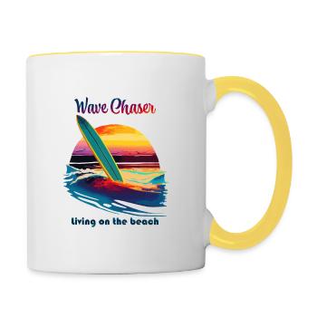 Wave chaser, living on the beach - Mug contrasté - blanc/jaune - Droite