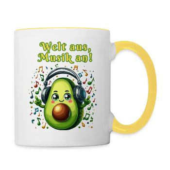 Avocado hört Musik mit Spruch - Tasse zweifarbig - Weiß/Gelb - Rechts