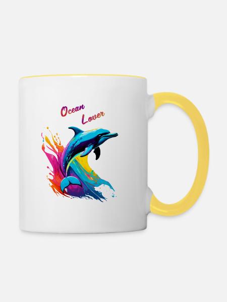 Liebhaber des Ozeans. Delfin - Tasse zweifarbig - Weiß/Gelb