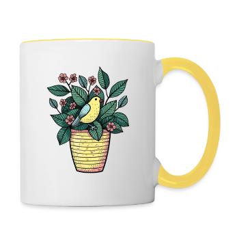 Bird in Flower Pot - Style Drawing - Contrasting Mug - white/yellow - Right