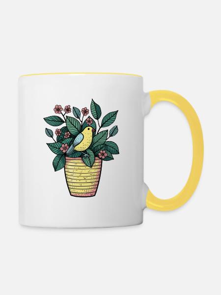 Vogel im Blumentopf - Stilzeichnung - Tasse zweifarbig - Weiß/Gelb