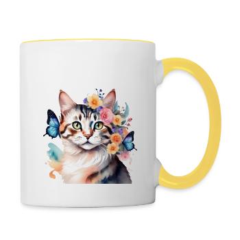 Aquarelle chat avec papillons - Mug contrasté - blanc/jaune - Droite