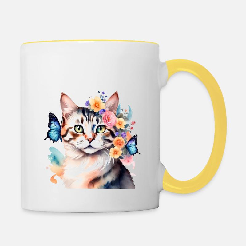 Aquarelle chat avec papillons - Mug contrasté - blanc/jaune
