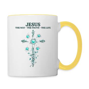 Jesus bible christian religion christian cross christ - Contrasting Mug - white/yellow - Right