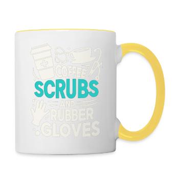 Kaffee, Kittel und Gummihandschuhe - Tasse zweifarbig - Weiß/Gelb - Rechts