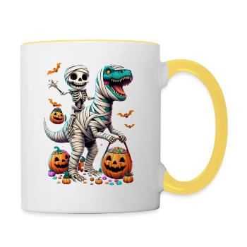 Funny Skeleton Riding Mummy Dinosaur Pumpkin Candy - Contrasting Mug - white/yellow - Right