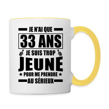 jai 33 ans / cadeau 33 ans / anniversaire 33 ans - Mug contrasté - blanc/jaune - Droite